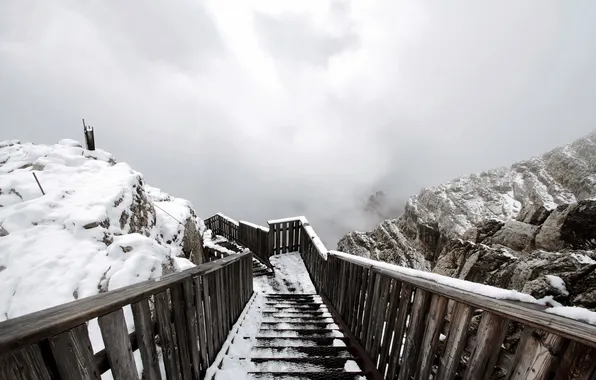 Картинка снег, пейзаж, горы, туман, лестница