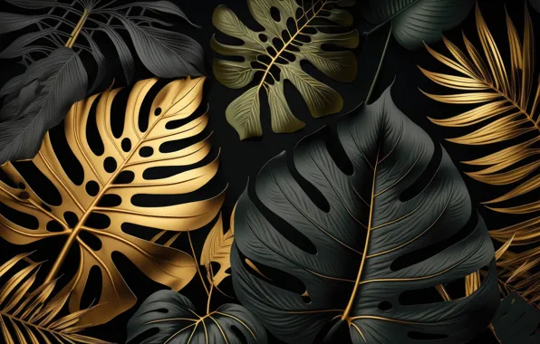 Листья, фон, golden, black, background, leaves, still life, композиция