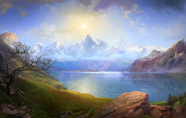 Картинка небо, облака, горы, озеро, камни, скалы, лодка, парус