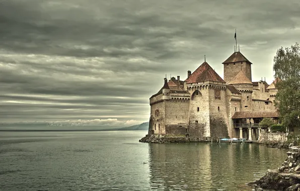Картинка замок, старинный, на озере
