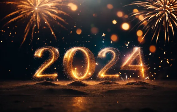 Картинка салют, цифры, Новый год, golden, numbers, New year, 2024, fieworks