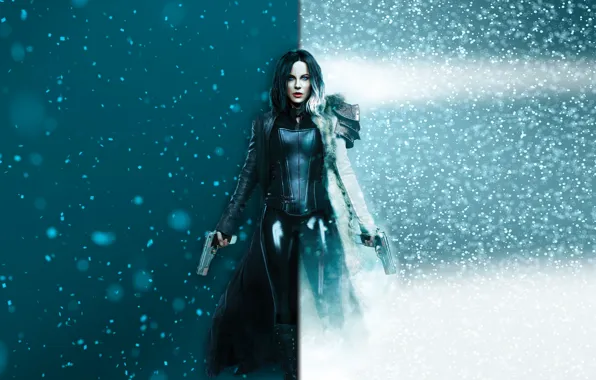Картинка cinema, Kate Beckinsale, gun, pistol, Underworld, armor, weapon, snow