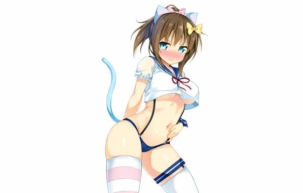 Girl, sexy, lingerie, pantsu, cleavage, panties, thighhighs, brown hair