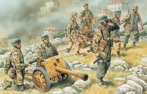 Рисунок, арт, пушка, против, пехота, WW2, немецкая, танков