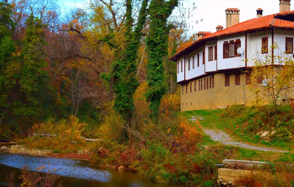 Картинка Осень, Дом, Ручей, Nature, Fall, Autumn