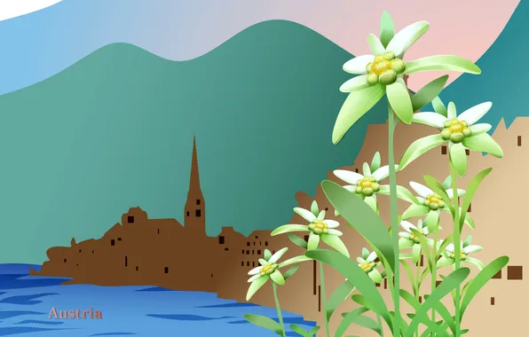 Картинка пейзаж, цветы, горы, город, озеро, путешествия, Австрия, туризм