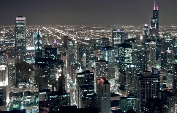 Картинка ночь, city, огни, высота, небоскребы, USA, америка, чикаго