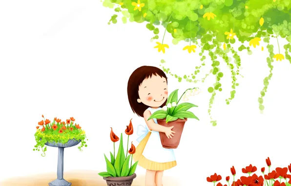 Цветы, улыбка, листва, девочка, детские обои, горшочки, садик