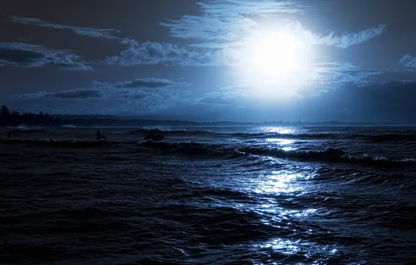 Картинка море, волны, лучи, ночь, блики, отражение, люди, луна