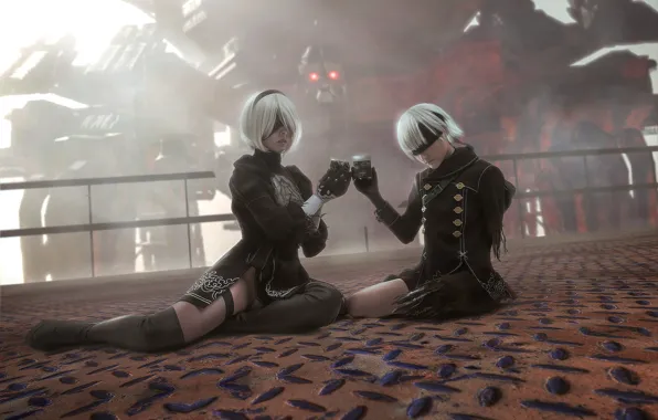 Девушка, стаканы, парень, киборги, косплей, Nier Automata