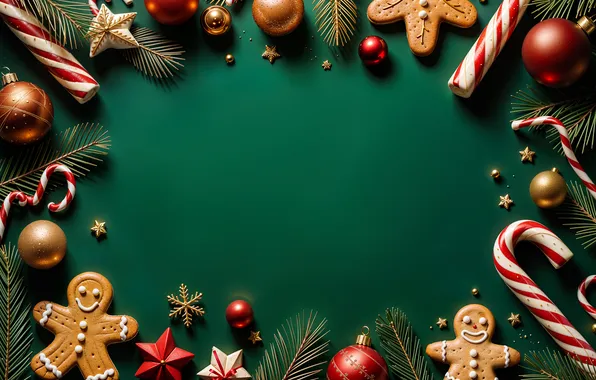 Украшения, фон, green, шары, Рождество, Новый год, golden, new year