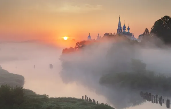 Картинка лето, солнце, туман, река, утро, Россия