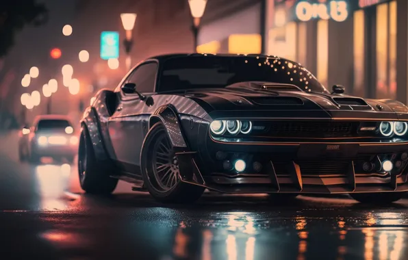 Картинка lights, muscle car, street, bokeh, ai art