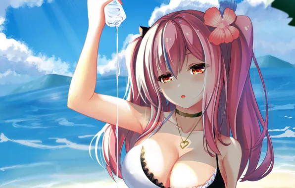 Girl, sexy, cleavage, beach, pink hair, long hair, sea, boobs