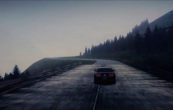 Картинка дорога, машина, туман, скорость, Ford Mustang