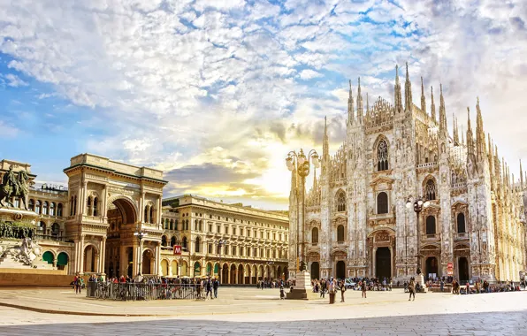 Облака, площадь, Италия, Милан, Duomo di Milano, Собор Рождества Девы Марии