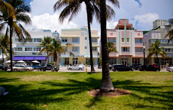 Картинка пальмы, дома, Майами, Флорида, Miami, автомобили, florida, отели