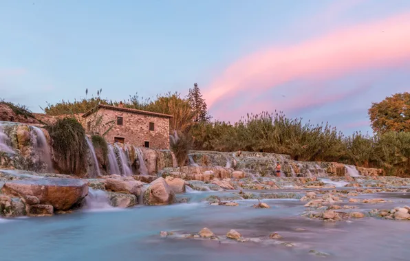 Небо, водопад, италия, постройка, Saturnia