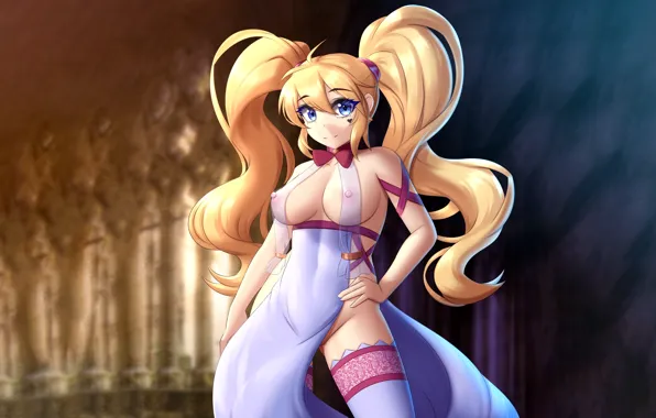 Girl, sexy, cleavage, thighhighs, erect nipples, long hair, dress, boobs