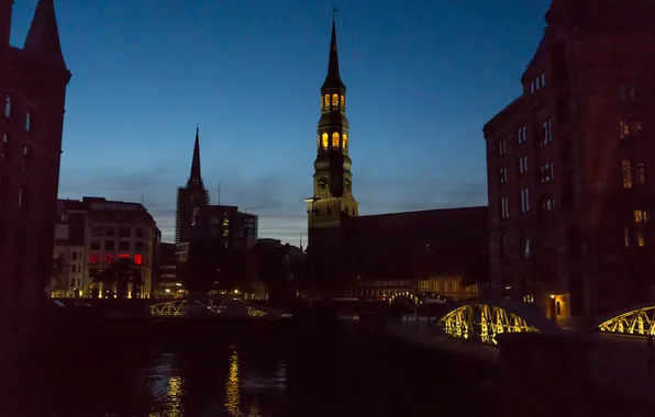 Картинка мост, дома, вечер, Германия, церковь, канал, Гамбург
