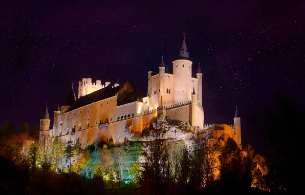Картинка ночь, огни, крепость, Испания, дворец, Алькасар, Сеговия