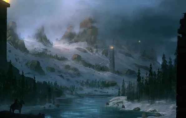 Картинка зима, горы, река, воин, winter is coming