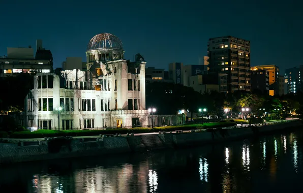 Ночь, город, река, фото, дома, Япония, Hiroshima, Genbaku Dome