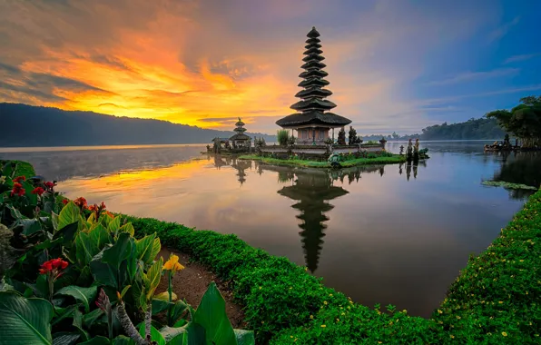 Вода, закат, природа, Индонезия, морской пейзаж, Храм Улун Дану