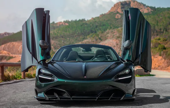 Картинка горы, шоссе, спорт кар, экстерьер, Fury, McLaren 720s, открытые дверцы