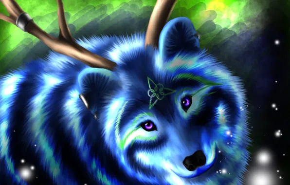 Картинка взгляд, морда, синий, животное, волк, шерсть, символ, рога