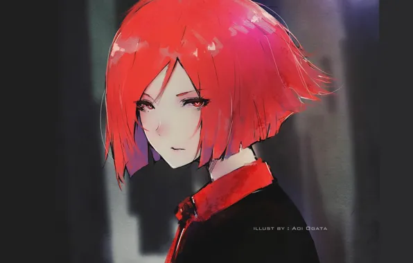 Взгляд, лицо, стрижка, girl, тёмный фон, красные волосы, портрет девушки, Aoi Ogata