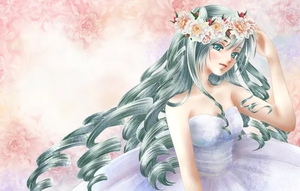 Картинка девушка, цветы, фон, платье, vocaloid, hatsune miku, венок