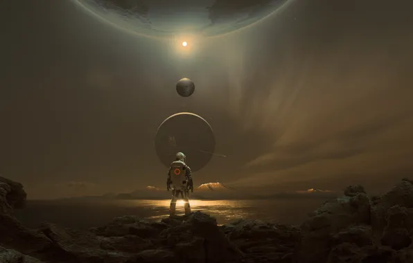 Вода, горы, фантастика, планеты, science fiction, одинокая фигура, AI art, Искусство ИИ