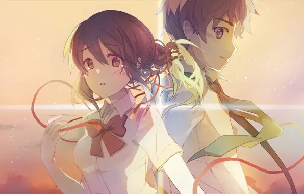 Небо, ветер, галстук, двое, красная нить, школьники, Kimi no Na wa, Miyamizu Mitsuha