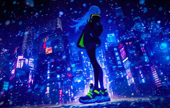 Девушка, синий, синева, небоскребы, аниме, Girl, Blizzard, снегопад