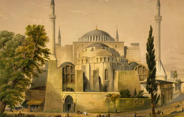 Картинка деревья, город, картина, мечеть, Стамбул, Турция, минарет, Собор Святой Софии