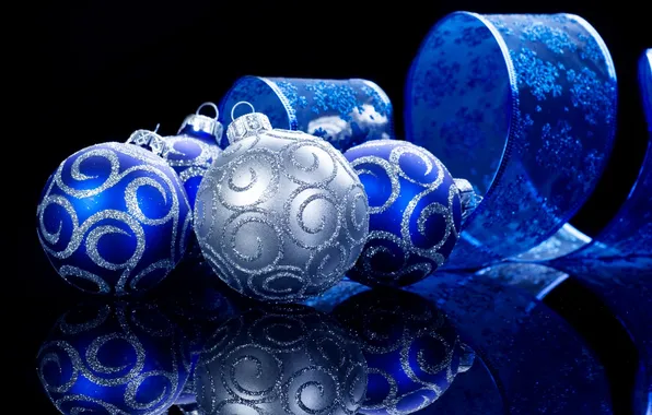 Картинка украшения, синий, отражение, шары, серебряный, Ёлочные, лента со снежинками