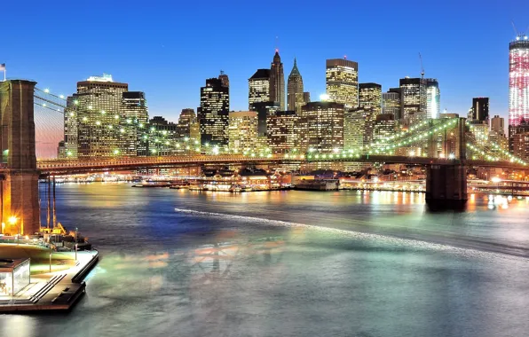Нью-Йорк, панорама, Бруклинский мост, ночной город, Manhattan, New York City, Brooklyn Bridge, East River