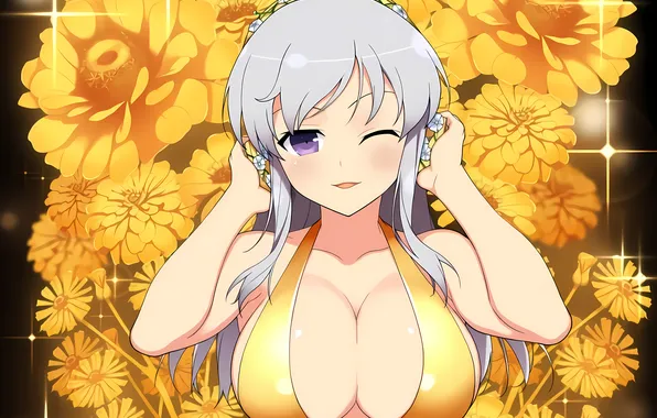 Girl, sexy, cleavage, long hair, boobs, anime, flowers, beautiful