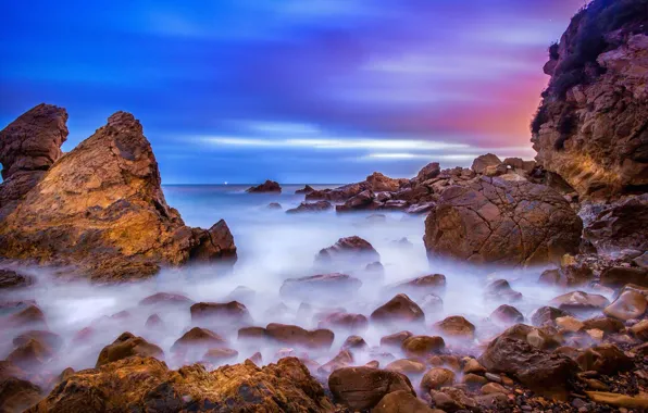 Картинка пляж, камни, океан, скалы, рассвет, California, USА, Corona del Mar