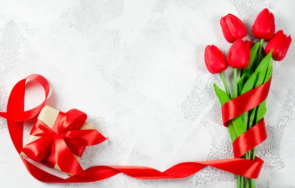 Любовь, подарок, букет, лента, тюльпаны, красные, red, love