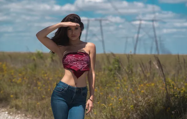 Картинка long hair, model, women, jeans, brunette, belly, standing, painted nails