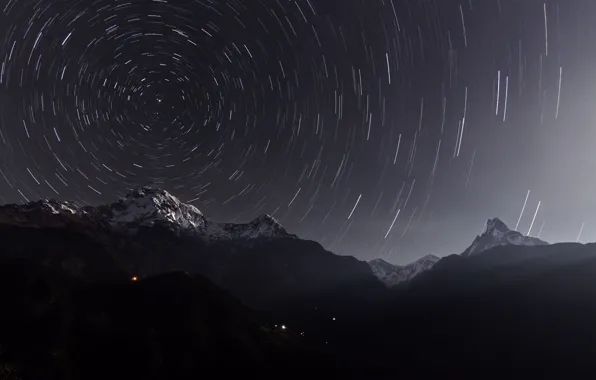 Звезды, ночь, выдержка, аннапурна, гималаи, непал