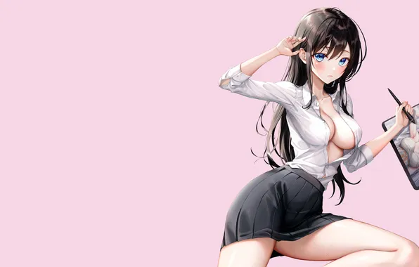 Girl, sexy, cleavage, school uniform, long hair, boobs, anime, blue eyes
