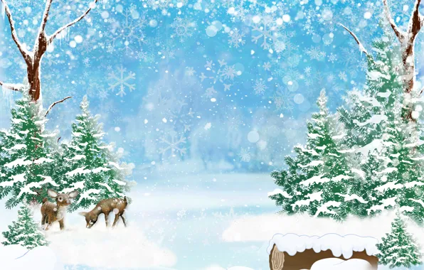Картинка зима, лес, снег, деревья, снежинки, блики, арт, сугробы
