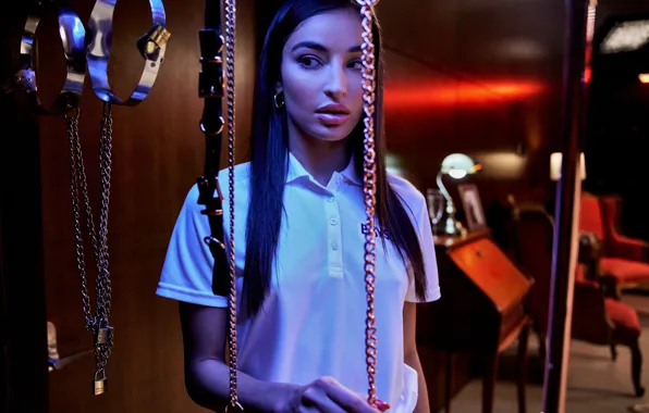 Model, chair, hair, brunette, shirt, chain, earring, mouth