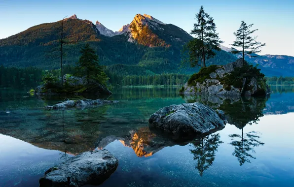 Лес, деревья, горы, река, камни, Германия, Бавария, Berchtesgaden