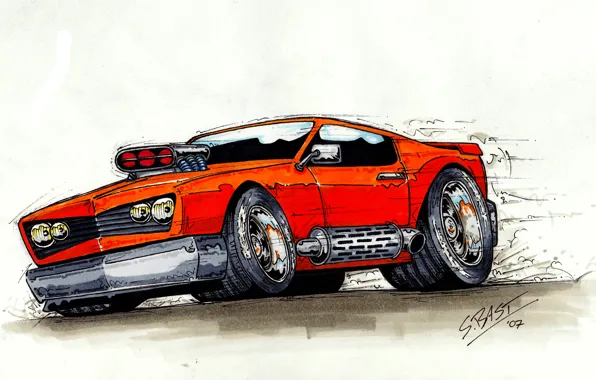 Оранжевый, двигатель, скорость, Hot Rod, глушитель, Drag