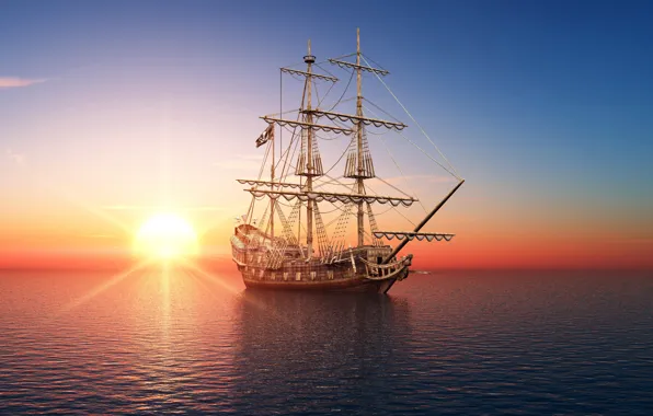 Море, закат, фото, рассвет, корабль, парусник, 3D графика