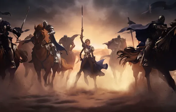 Girl, sword, armor, art, knights, charge, Riot Games, Demacia